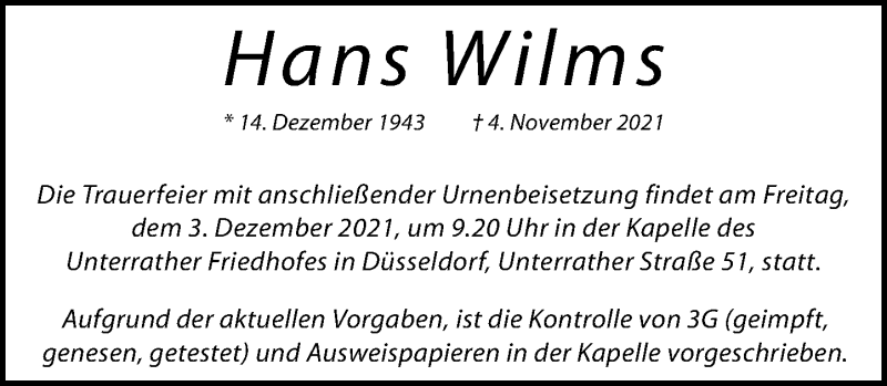  Traueranzeige für Hans Wilms vom 27.11.2021 aus Rheinische Post
