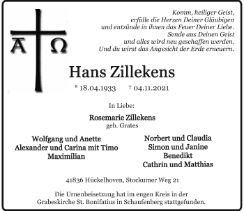 Traueranzeige von Hans Zillekens von Rheinische Post