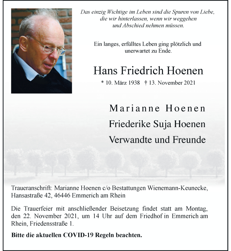 Traueranzeige für Hans Friedrich Hoenen vom 19.11.2021 aus Rheinische Post