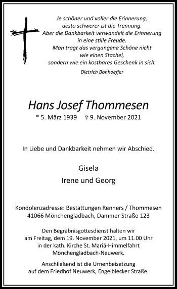 Traueranzeige von Hans Josef Thommesen von Rheinische Post