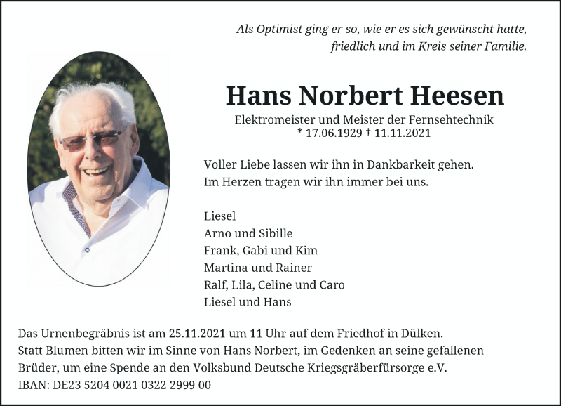  Traueranzeige für Hans Norbert Heesen vom 24.11.2021 aus Rheinische Post