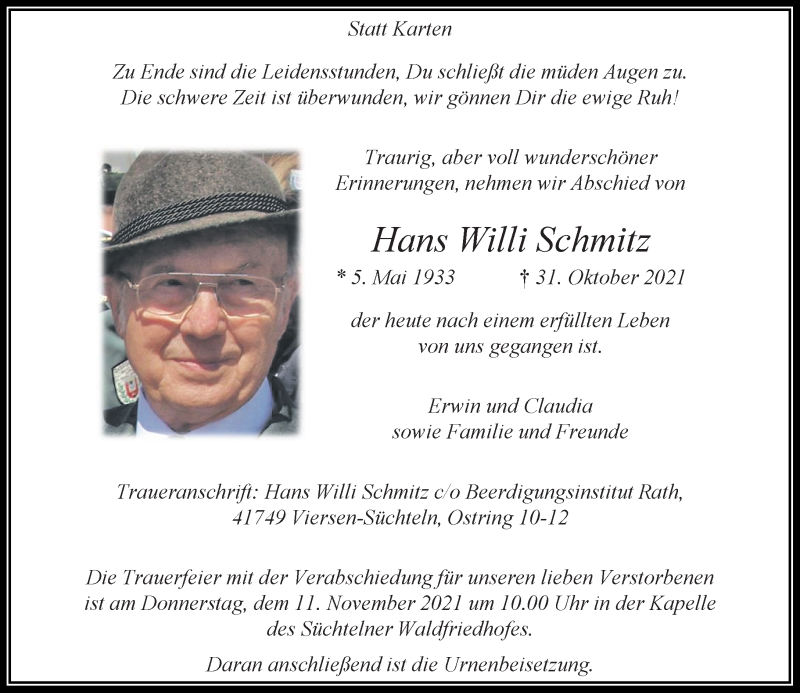  Traueranzeige für Hans Willi Schmitz vom 09.11.2021 aus Rheinische Post