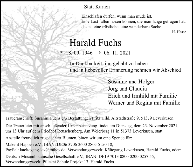  Traueranzeige für Harald Fuchs vom 13.11.2021 aus Rheinische Post