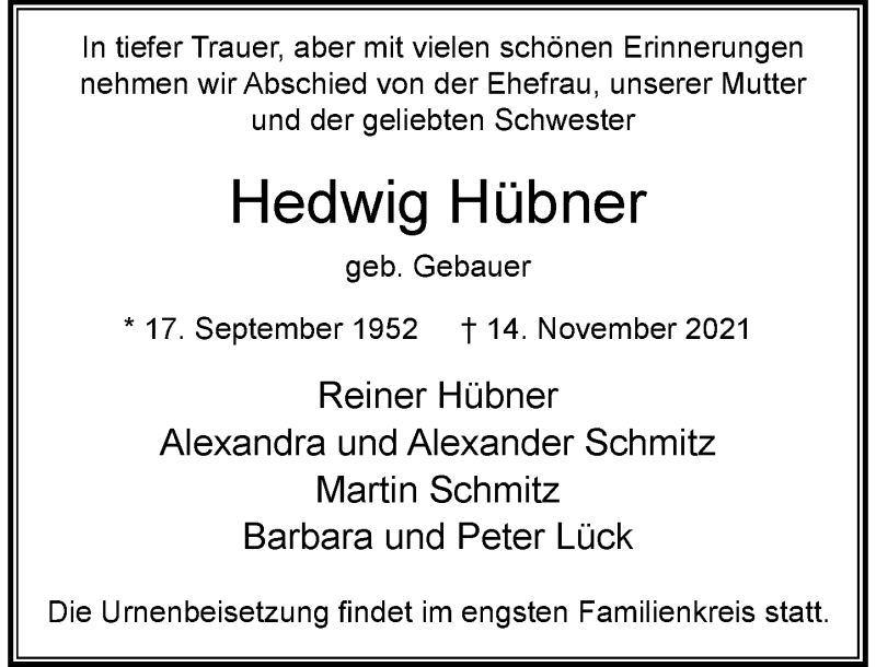  Traueranzeige für Hedwig Hübner vom 27.11.2021 aus Rheinische Post