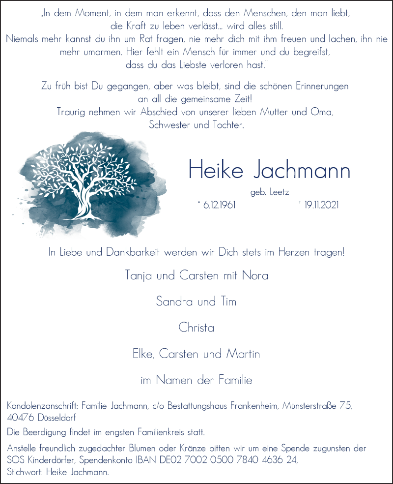  Traueranzeige für Heike Jachmann vom 27.11.2021 aus Rheinische Post
