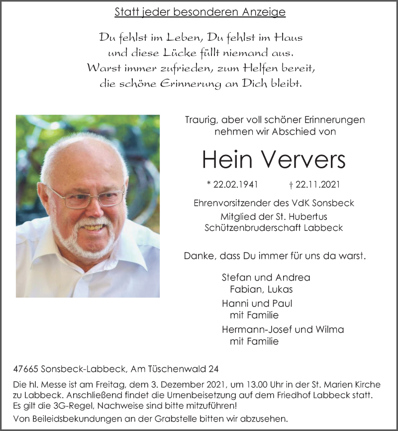  Traueranzeige für Hein Ververs vom 27.11.2021 aus Rheinische Post