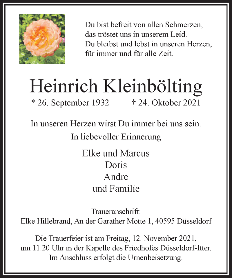  Traueranzeige für Heinrich Kleinbölting vom 06.11.2021 aus Rheinische Post