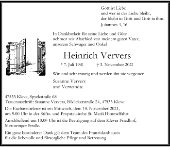 Traueranzeige von Heinrich Ververs von Rheinische Post