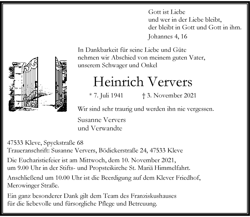  Traueranzeige für Heinrich Ververs vom 06.11.2021 aus Rheinische Post