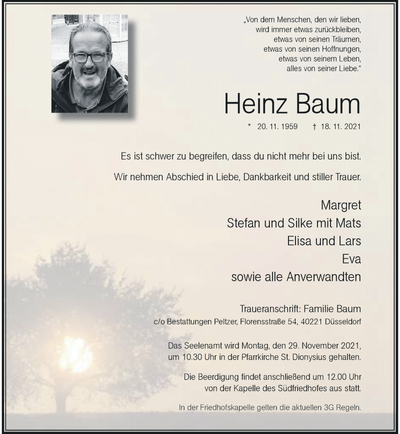  Traueranzeige für Heinz Baum vom 27.11.2021 aus Rheinische Post