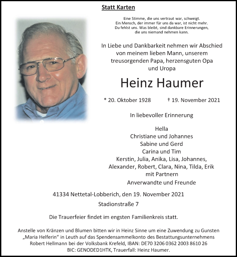  Traueranzeige für Heinz Haumer vom 27.11.2021 aus Rheinische Post