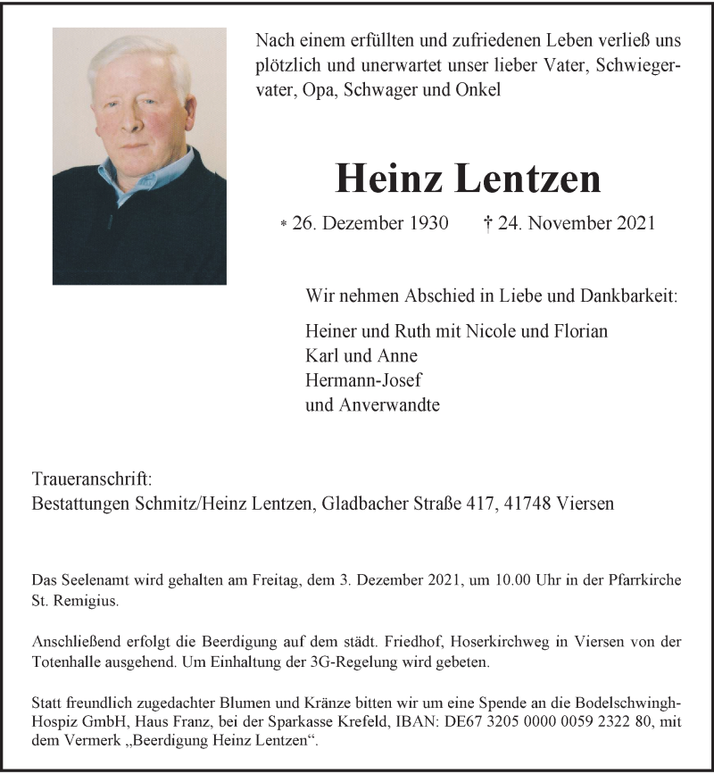  Traueranzeige für Heinz Lentzen  vom 27.11.2021 aus Rheinische Post