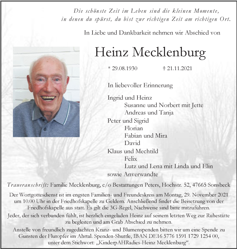  Traueranzeige für Heinz Mecklenburg vom 26.11.2021 aus Rheinische Post