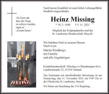 Traueranzeige von Heinz Missing von Rheinische Post
