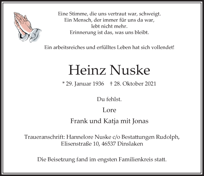  Traueranzeige für Heinz Nuske vom 27.11.2021 aus Rheinische Post