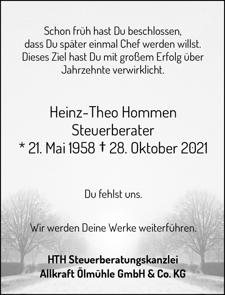  Traueranzeige für Heinz-Theo Hommen vom 03.11.2021 aus Rheinische Post