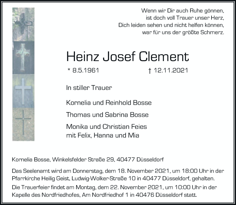  Traueranzeige für Heinz Josef Clement vom 17.11.2021 aus Rheinische Post