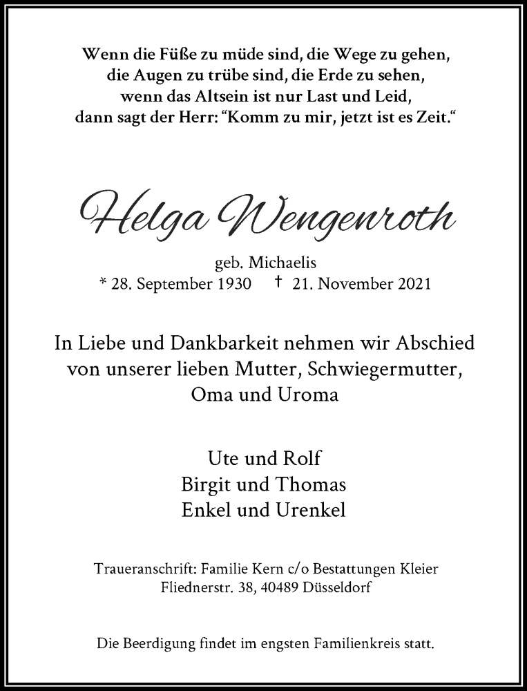  Traueranzeige für Helga Wengenroth vom 29.11.2021 aus Rheinische Post