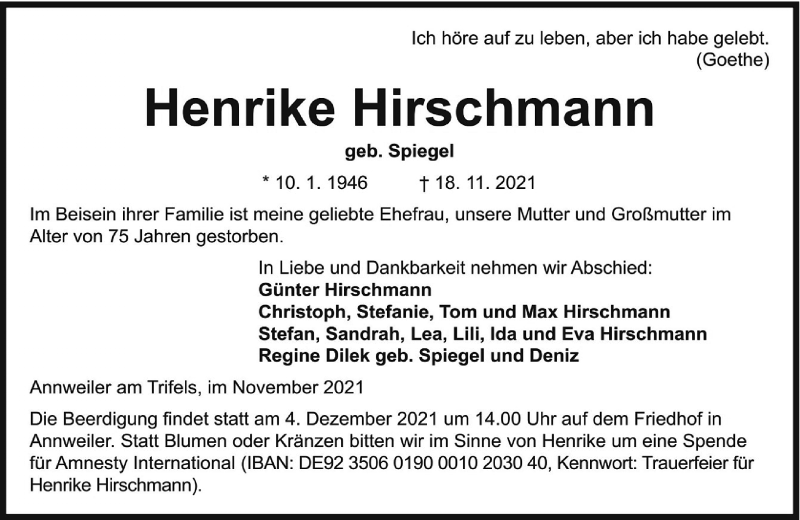  Traueranzeige für Henrike Hirschmann vom 27.11.2021 aus Rheinische Post