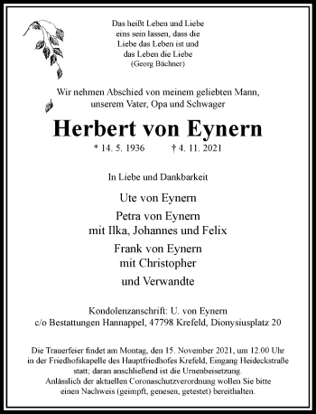 Traueranzeige von Herbert von Eynern von Rheinische Post