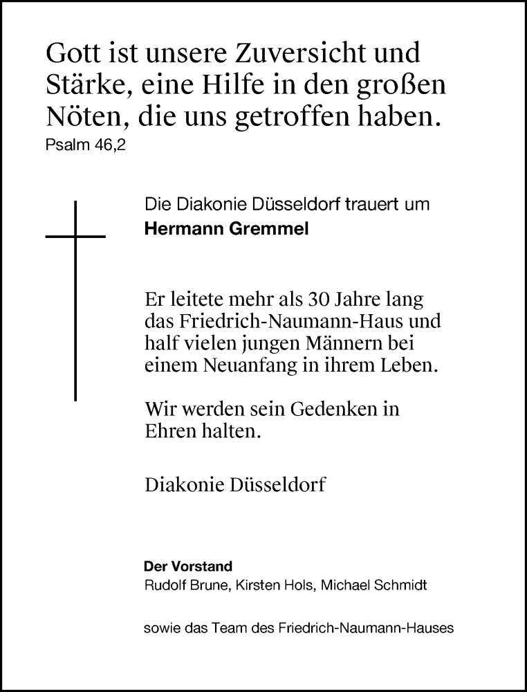  Traueranzeige für Hermann Gremmel vom 20.11.2021 aus Rheinische Post