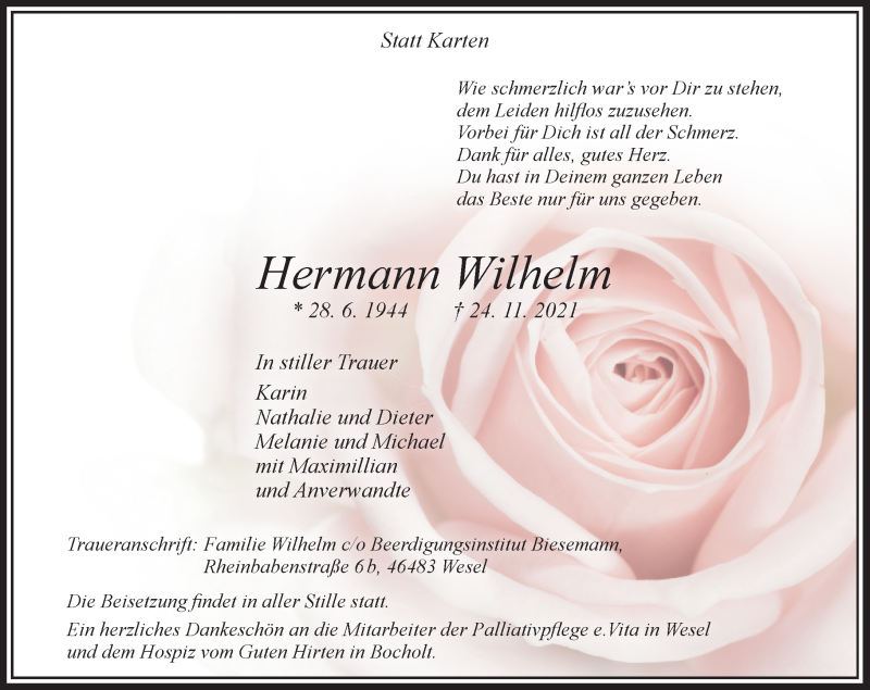  Traueranzeige für Hermann Wilhelm vom 27.11.2021 aus Rheinische Post