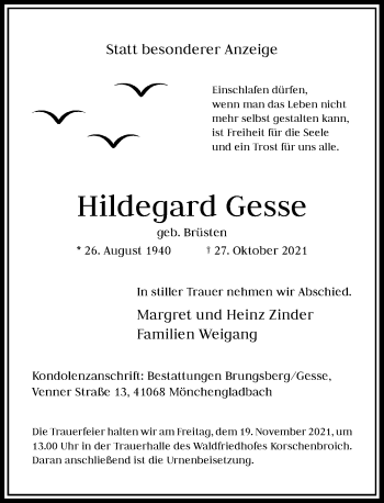 Traueranzeige von Hildegard Gesse von Rheinische Post