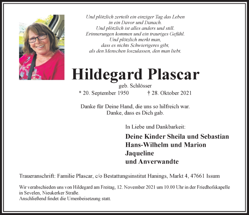  Traueranzeige für Hildegard Plascar vom 06.11.2021 aus Rheinische Post