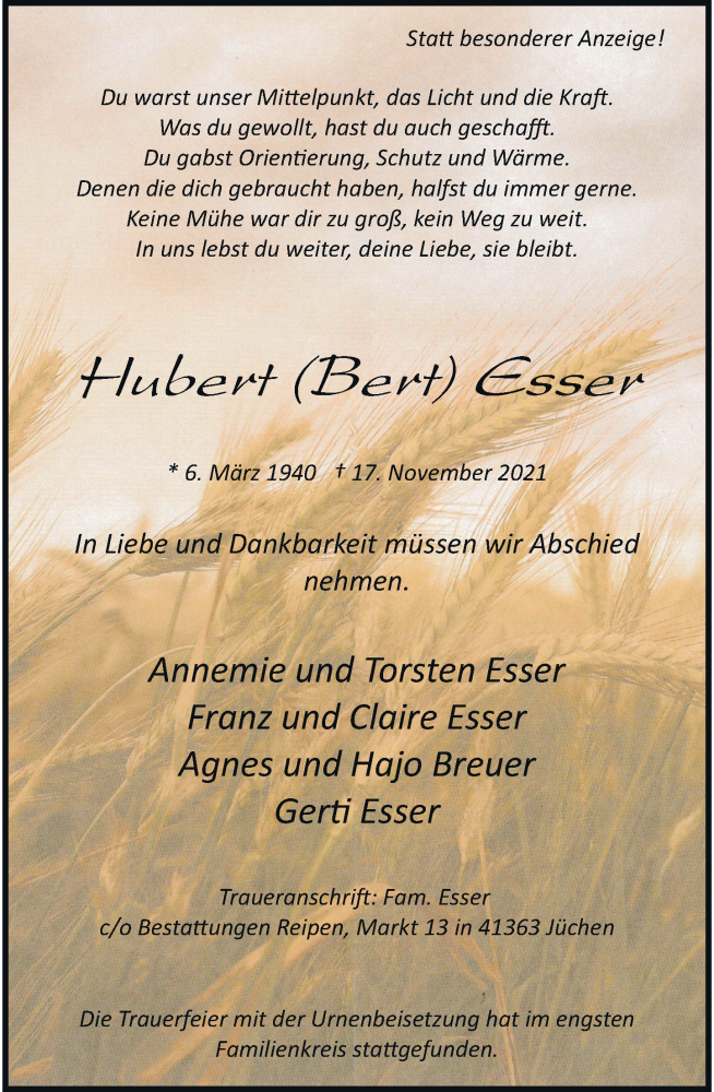  Traueranzeige für Hubert Esser vom 27.11.2021 aus Rheinische Post