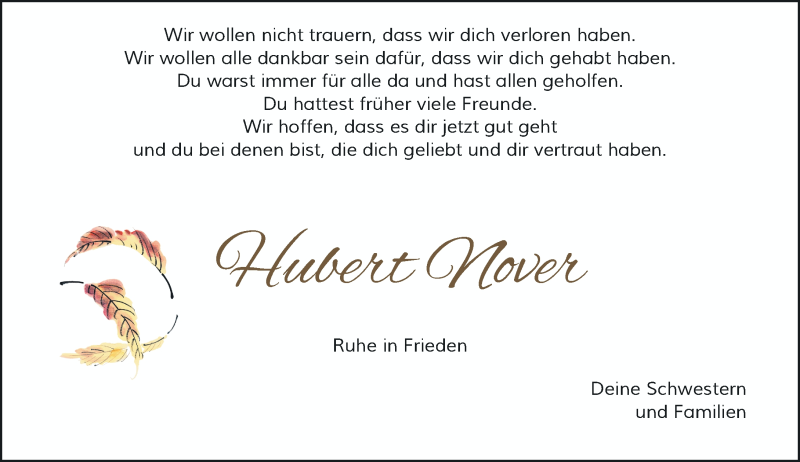  Traueranzeige für Hubert Nover vom 20.11.2021 aus Rheinische Post
