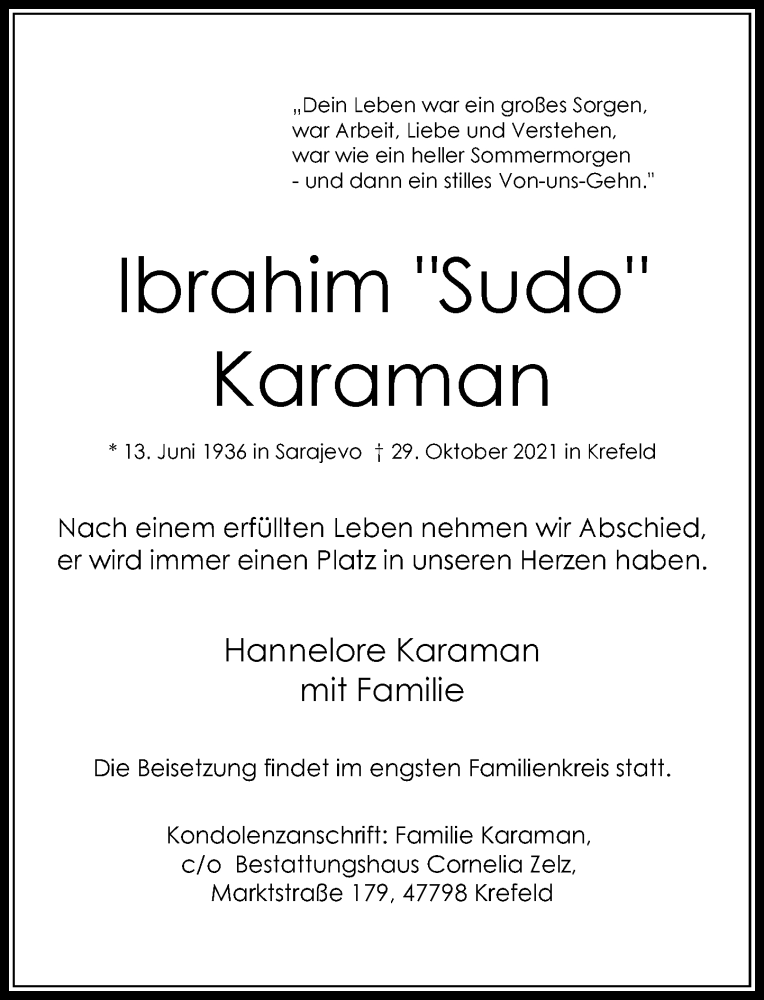  Traueranzeige für Ibrahim Karaman vom 06.11.2021 aus Rheinische Post