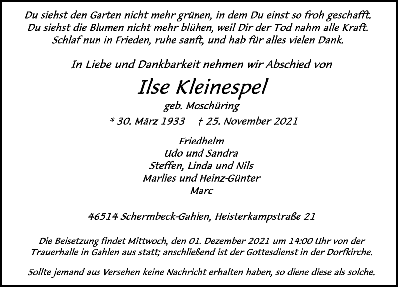  Traueranzeige für Ilse Kleinespel vom 30.11.2021 aus Rheinische Post