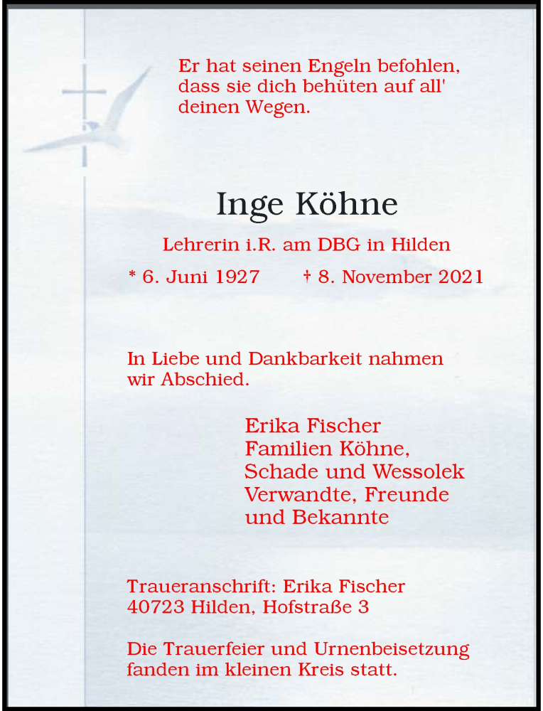  Traueranzeige für Inge Köhne vom 27.11.2021 aus Rheinische Post