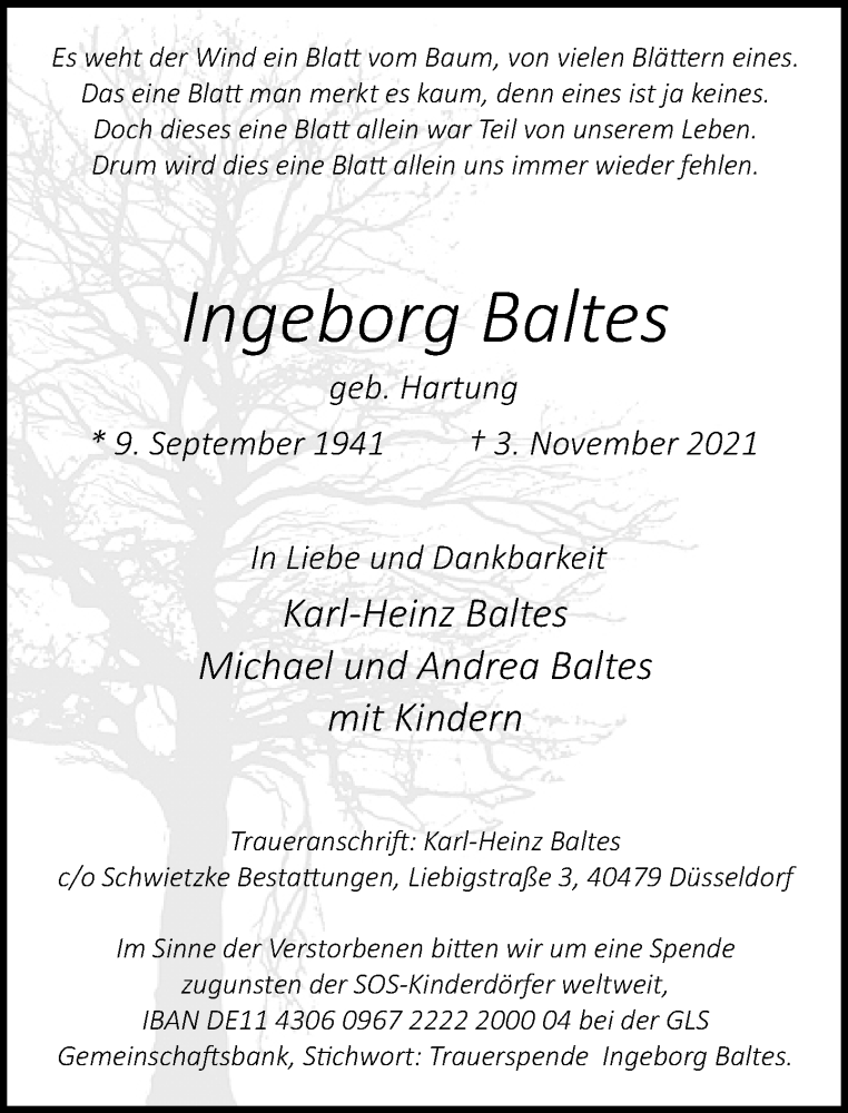  Traueranzeige für Ingeborg Baltes vom 13.11.2021 aus Rheinische Post