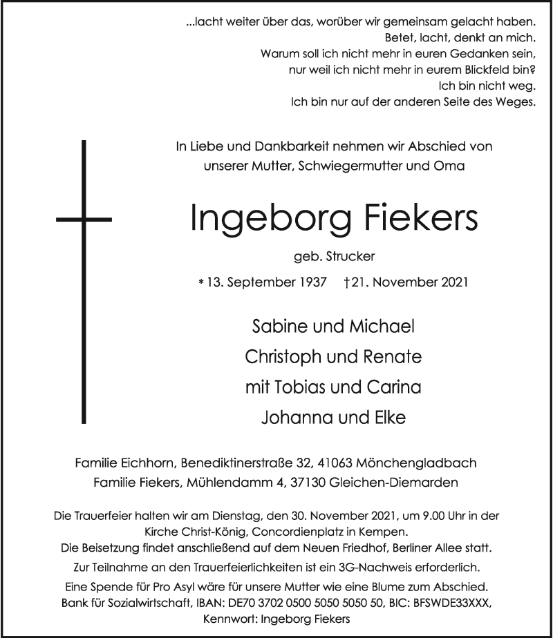  Traueranzeige für Ingeborg Fiekers vom 27.11.2021 aus Rheinische Post