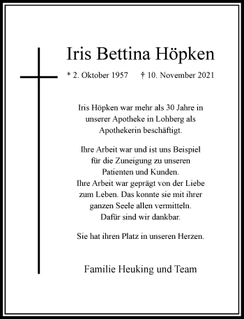Traueranzeige von Iris Bettina Höpken von Rheinische Post