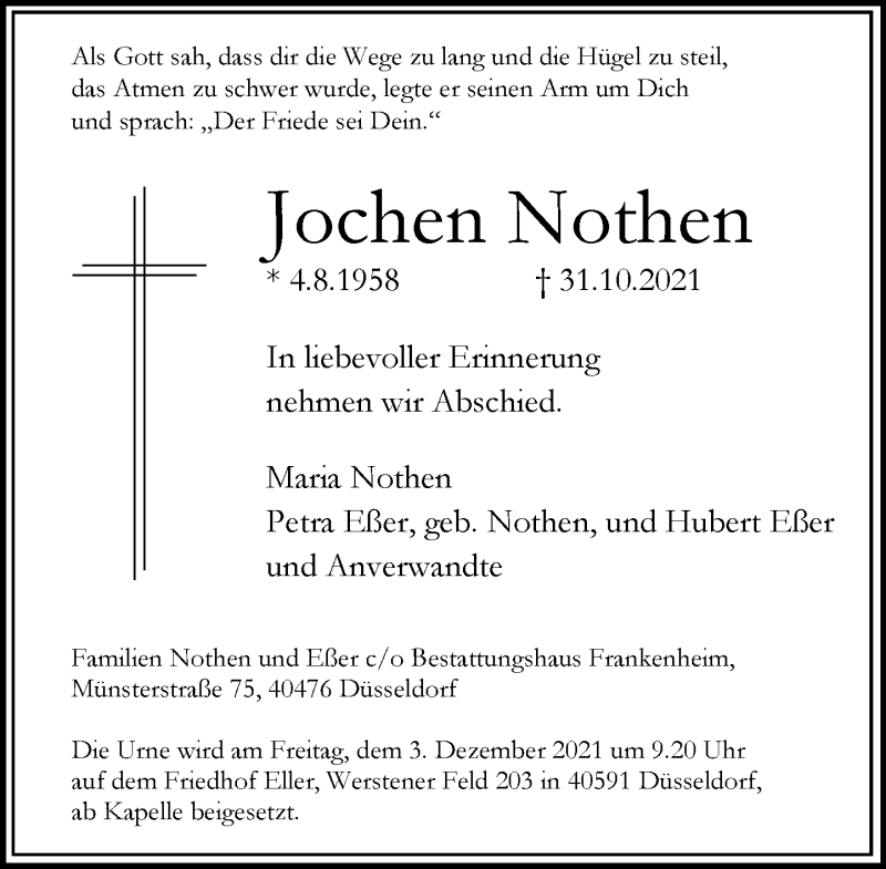  Traueranzeige für Jochen Nothen vom 27.11.2021 aus Rheinische Post