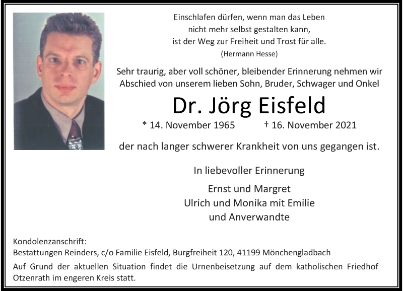  Traueranzeige für Jörg Eisfeld vom 27.11.2021 aus Rheinische Post