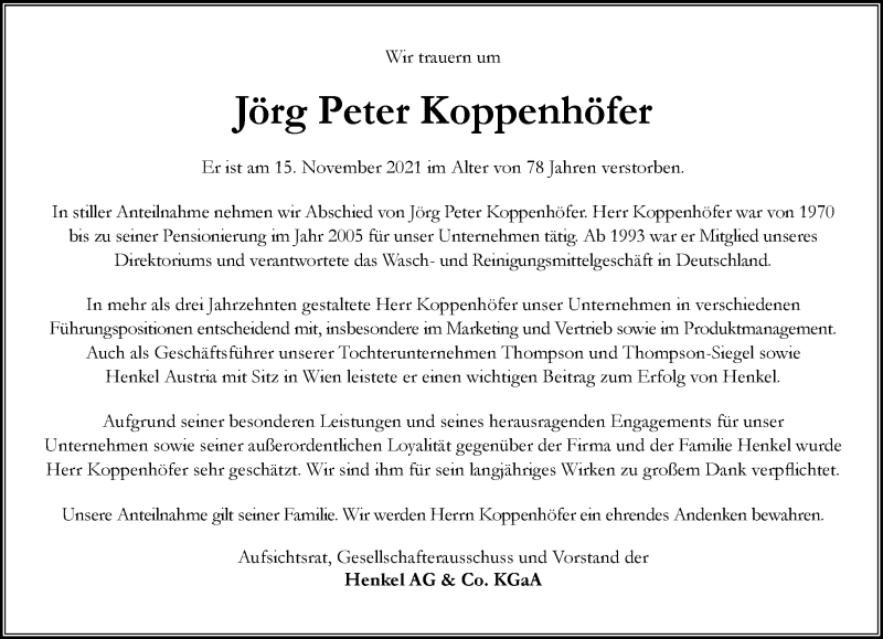  Traueranzeige für Jörg Peter Koppenhöfer vom 20.11.2021 aus Rheinische Post