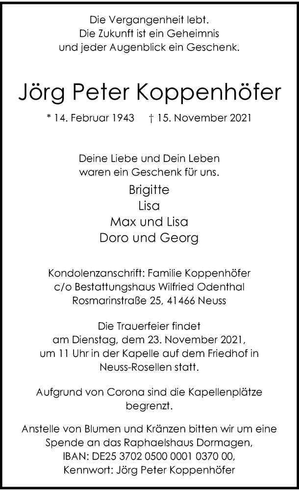  Traueranzeige für Jörg Peter Koppenhöfer vom 20.11.2021 aus Rheinische Post