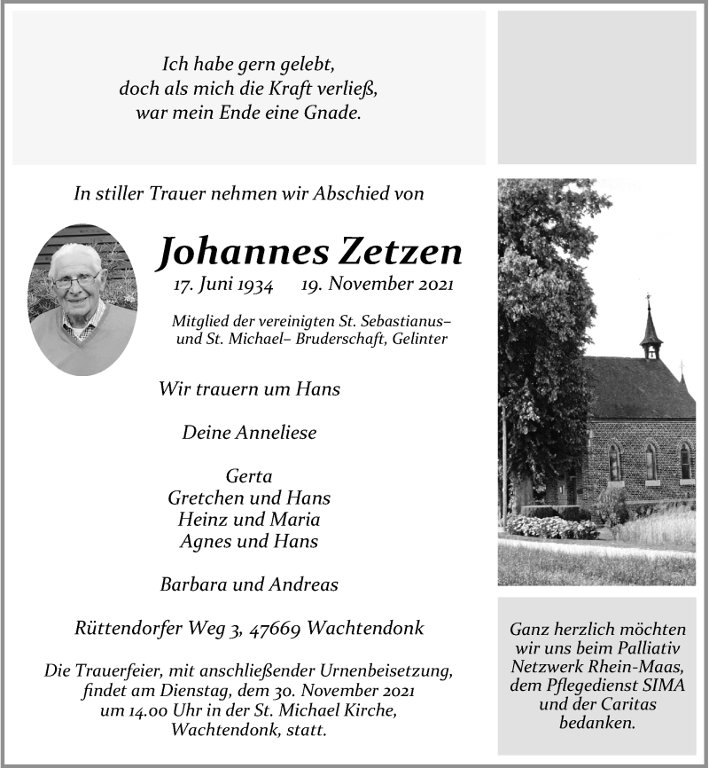  Traueranzeige für Johannes Zetzen vom 27.11.2021 aus Rheinische Post