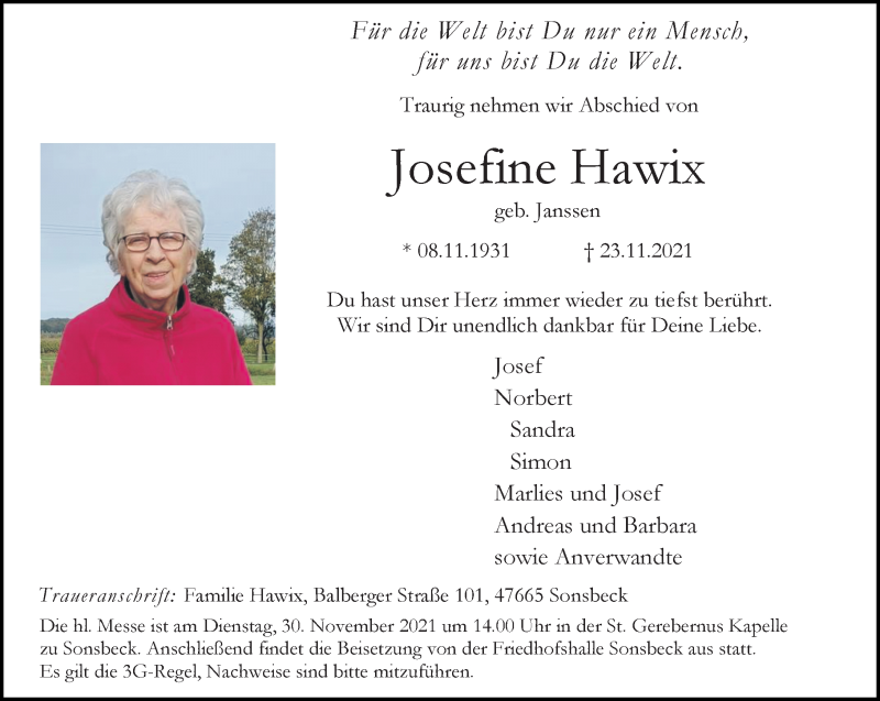  Traueranzeige für Josefine Hawix vom 26.11.2021 aus Rheinische Post
