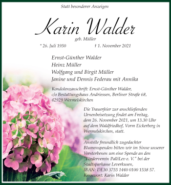 Traueranzeige von Karin Walder von Rheinische Post