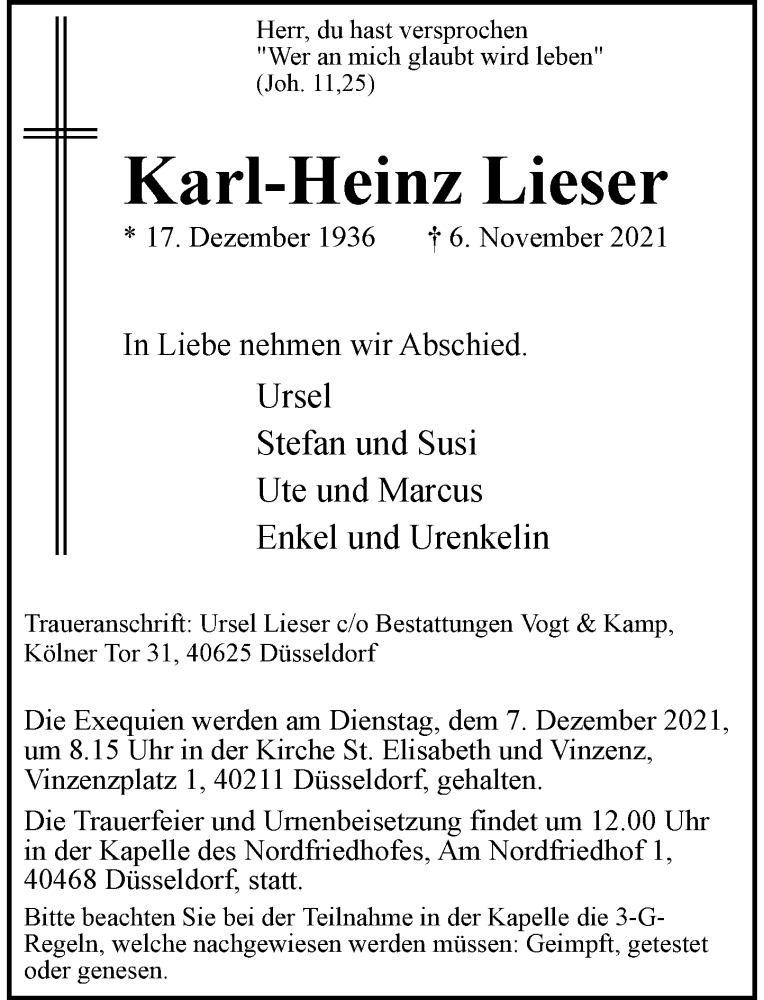  Traueranzeige für Karl-Heinz Lieser vom 27.11.2021 aus Rheinische Post