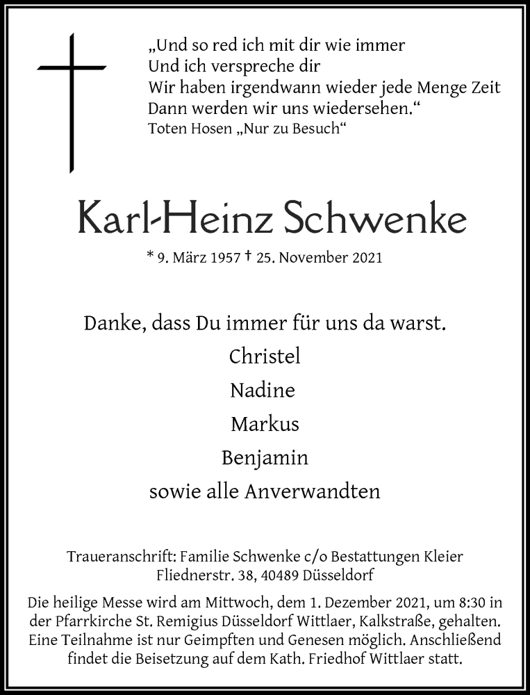  Traueranzeige für Karl-Heinz Schwenke vom 29.11.2021 aus Rheinische Post
