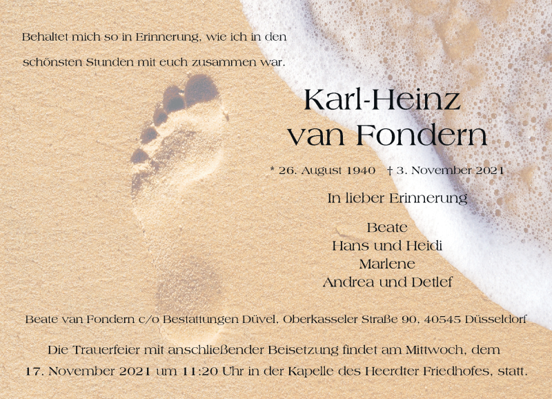  Traueranzeige für Karl-Heinz van Fondern vom 06.11.2021 aus Rheinische Post