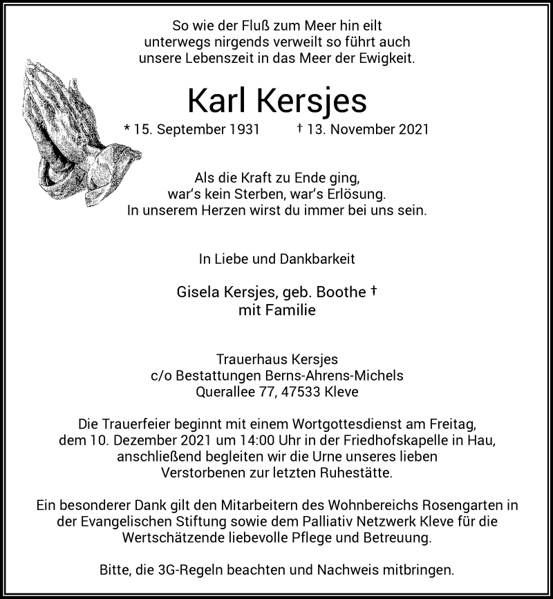  Traueranzeige für Karl Kersjes vom 27.11.2021 aus Rheinische Post