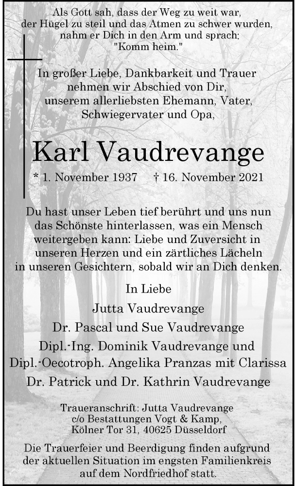  Traueranzeige für Karl Vaudrevange vom 27.11.2021 aus Rheinische Post