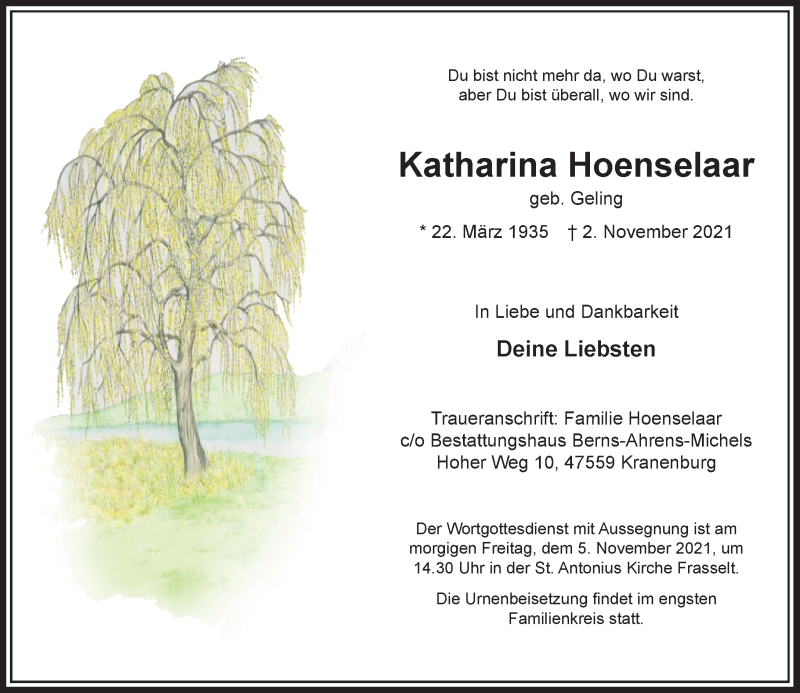  Traueranzeige für Katharina Hoenselaar vom 04.11.2021 aus Rheinische Post