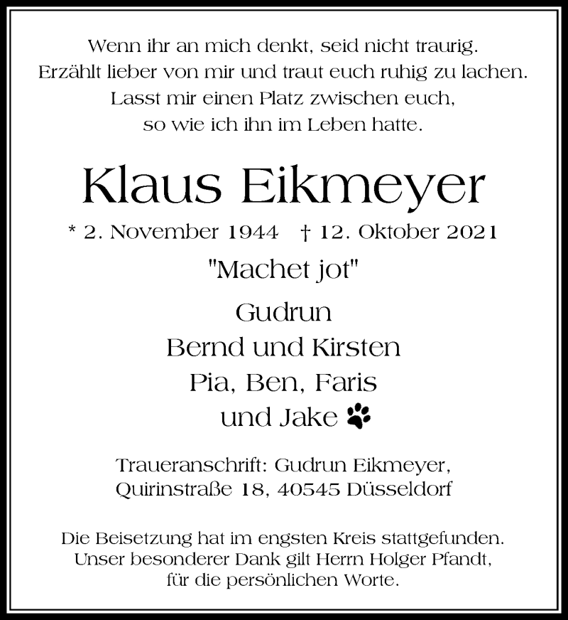  Traueranzeige für Klaus Eikmeyer vom 06.11.2021 aus Rheinische Post